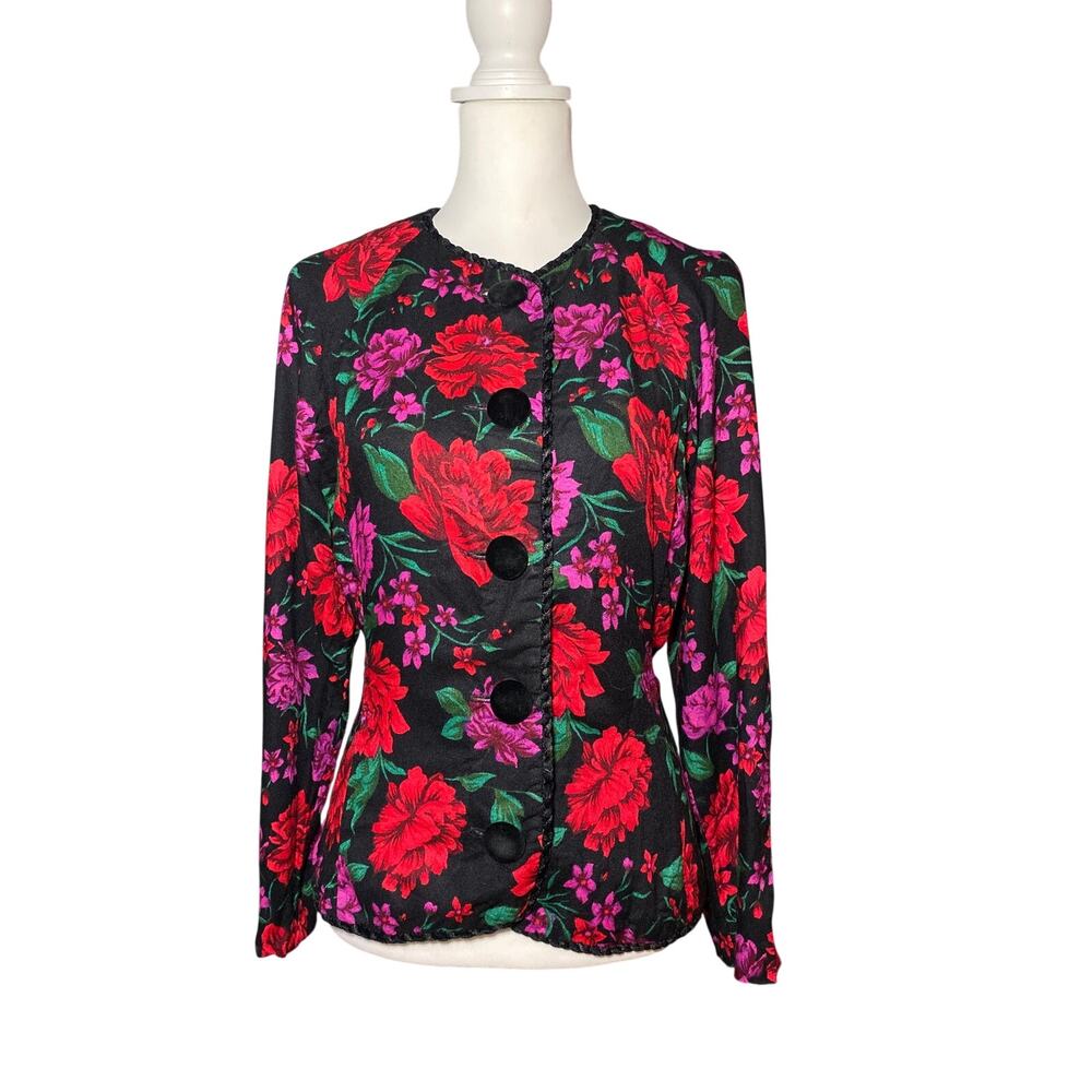 Vintage 80s Leslie Fay Floral Jacket Top 14P Made in USA Union Made Dark Romance
